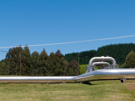 Wairakei New Zealand geothermal pipeline infrastructure installation for distribution and supply of volcanic hot waterの写真素材