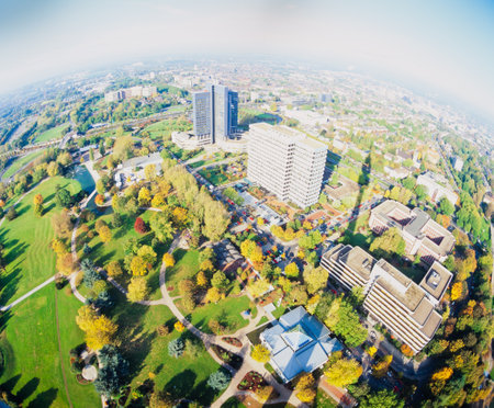 Fall 1992, Fisheye aerial view of Dortmund, Germany, Europe, cityscape from "Florian" or "Florian tower", Dortmund's TV tower in Westphalia Park (Westfalenpark)のeditorial素材