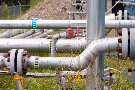 Outdoor piping system with rusty bolts in the sun