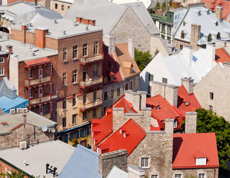 Birds view of of beautiful historic ancient stone house buildings in Old Quebec City, Quebec, Canadaの写真素材