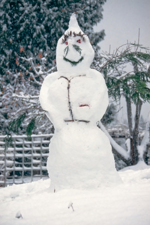 Cute cheerful snowman standing in snowy winter forest while fresh snow is fallingの写真素材