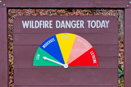 Wildfire Danger Today wooden board sign indication current danger of forest fire with a colorful pie chartの写真素材