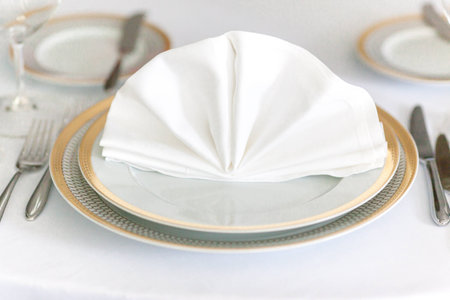 white plate yellow canvas tablecloth napkin serviette forkの写真素材