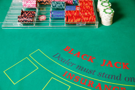 casino black jack green table no tokenの写真素材