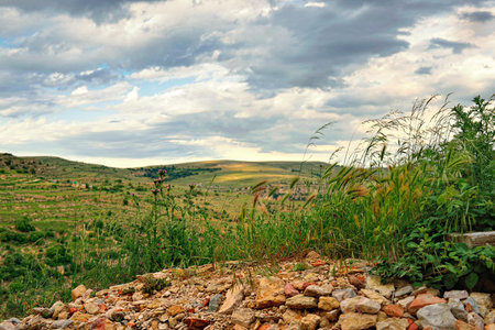 Rural landscape with mountain view near town Ares in Spain の写真素材