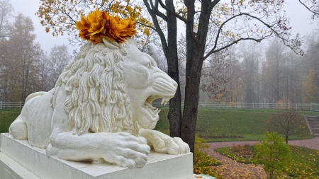 Pushkin, Russia. Statue of marble lion in Catherine park.の写真素材