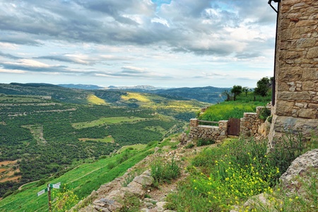 Mountain landscape. Small spanish old town Ares in Spain.の写真素材