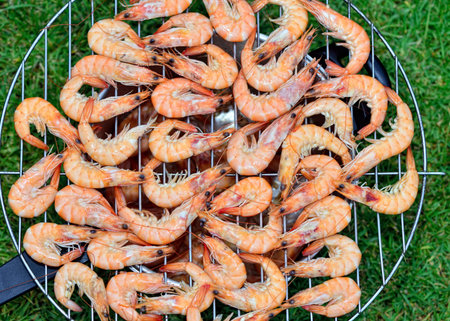 grilled shrimps on the barbecue with grass background.の写真素材