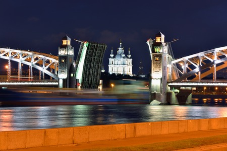 Smolniy cathedral and movable bridge in St-Petersburg, Russia.  White Night viewの写真素材