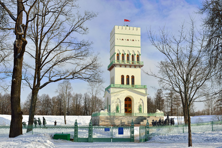 Winter  landscape with White Tower    pavilion  in Alexander park in Pushkin, Russiaのeditorial素材