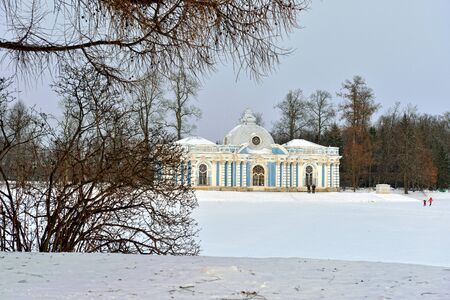 Landscape with "Grot" pavillion in Catherine garden. Winter snowy sunny view in Pushkin, Russia.のeditorial素材