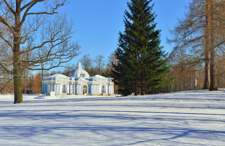 Landscape with "Grot" pavillion in Catherine garden. Winter snowy sunny view in Pushkin, Russia.のeditorial素材
