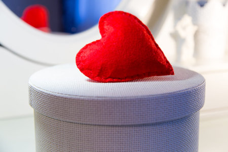 textile red heart handmade on gift boxの写真素材