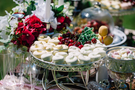 sweets and berries in candy bar in sunny wedding dayの写真素材