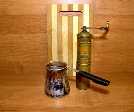 Old coffee grinder and coffee makerの写真素材