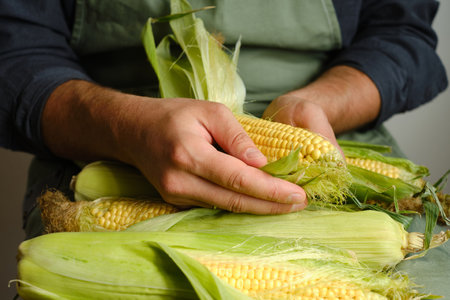 Man in an apron peels fresh corn. A man farmer harvesting corncob. Preparing for cooking in the kitchen. Natural organic vegetable. Healthy eating, food diet. Summer agricultureの写真素材