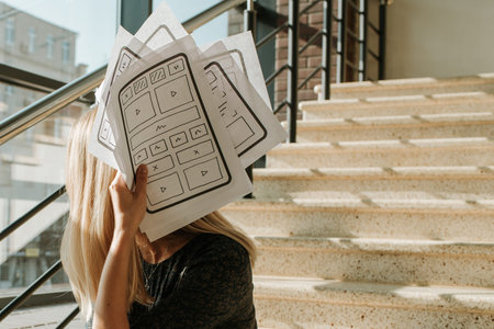 Woman designer create website design wireframe. Sketch, prototype, framework, layout future design...