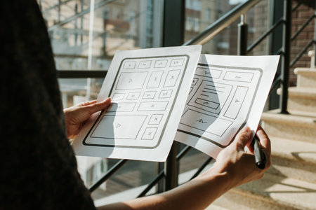 Woman designer create website design wireframe. Sketch, prototype, framework, layout future design project. UI and UX - user interface, user experience designer. Creative conceptの写真素材