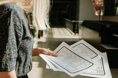 Woman designer create website design wireframe. Sketch, prototype, framework, layout future design...