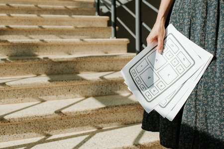 Woman designer create website design wireframe. Sketch, prototype, framework, layout future design project. UI and UX - user interface, user experience designer. Creative conceptの写真素材