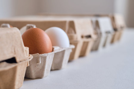 Cardboard boxes with chicken eggs. Boxes with uncooked eggs in table. Natural organic farm product....