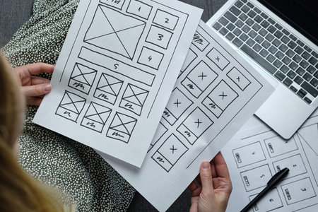 Woman designer create website design wireframe. Sketch, prototype, framework, layout future design...