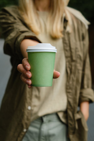 Green paper cup with coffee in woman hand. Time for drink coffee in city. Coffee to go. Enjoy moment, take a break. Disposable paper cup closeup. Delicious hot beverageの写真素材