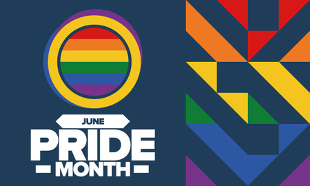 Pride Month in June. LGBT flag. Lesbian Gay Bisexual Transgender. Celebrated annual. Rainbow colours, love concept. Human rights and tolerance. Poster. Vector illustrationのイラスト素材