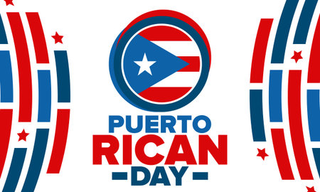 Puerto Rican Day. National happy holiday. Festival and parade in honor of independence and freedom. Puerto Rico flag. Latin american country. Patriotic elements. Vector posterのイラスト素材
