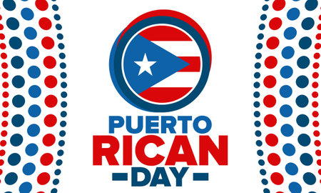 Puerto Rican Day. National happy holiday. Festival and parade in honor of independence and freedom. Puerto Rico flag. Latin american country. Patriotic elements. Vector posterのイラスト素材
