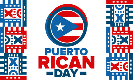 Puerto Rican Day. National happy holiday. Festival and parade in honor of independence and freedom. Puerto Rico flag. Latin american country. Patriotic elements. Vector posterのイラスト素材