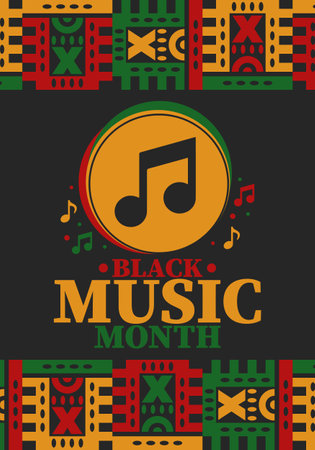 Black Music Month in June. African-American Music Appreciation Month. Celebrated annual in United States. Music concept. Poster, card, banner and background. Vector illustrationのイラスト素材