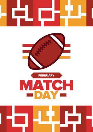 American Football Match Day. Playoff game day. Super Bowl Party in United States. Final game of regular season. Professional team championship. Ball for american football. Posterのイラスト素材