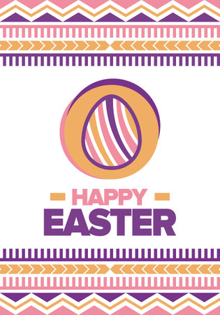 Happy Easter in April. Christian spring holiday in honor of the resurrection of Christ. Biblical history. Traditional dyeing eggs with patterns. Searching easter eggs. Vectorのイラスト素材