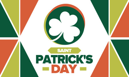 Saint Patrick's Day. Traditional irish happy holiday. Celebrate annual in March 17. Clover and shamrock leaves. Green and orange party design. Ireland color. Vector posterのイラスト素材