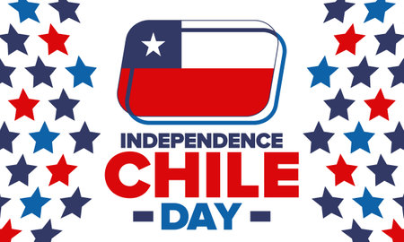 Chile Independence Day. Happy national holiday Fiestas Patrias. Freedom day. Celebrate annual in September 18. Chile flag. Patriotic chilean design. Vector poster. Illustrationのイラスト素材