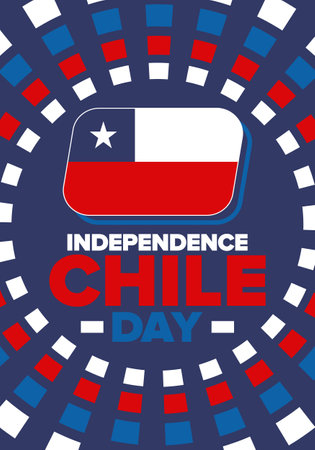 Chile Independence Day. Happy national holiday Fiestas Patrias. Freedom day. Celebrate annual in September 18. Chile flag. Patriotic chilean design. Vector poster. Illustrationのイラスト素材