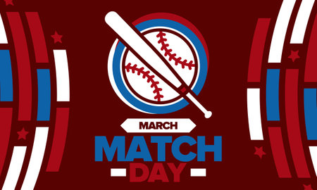 Baseball Match Day. Regular season games in March. Baseball league, team competition and championship. Baseball bat and ball. Sport party in United States. Professional tournamentのイラスト素材