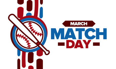 Baseball Match Day. Regular season games in March. Baseball league, team competition and championship. Baseball bat and ball. Sport party in United States. Professional tournamentのイラスト素材
