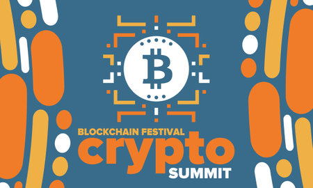 Crypto Summit. Blockchain Festival. Digital money and smart online technology. Finance, banking and business illustration. Cryptocurrency mining. Bitcoin logo. Flat design. Vectorのイラスト素材