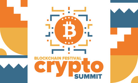 Crypto Summit. Blockchain Festival. Digital money and smart online technology. Finance, banking and business illustration. Cryptocurrency mining. Bitcoin logo. Flat design. Vectorのイラスト素材