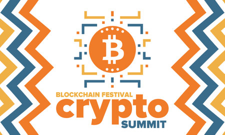 Crypto Summit. Blockchain Festival. Digital money and smart online technology. Finance, banking and business illustration. Cryptocurrency mining. Bitcoin . Flat design. Vectorのイラスト素材