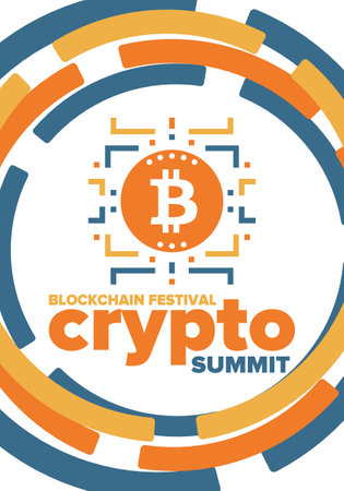 Crypto Summit. Blockchain Festival. Digital money and smart online technology. Finance, banking and business illustration. Cryptocurrency mining. Bitcoin logo. Flat design. Vectorのイラスト素材