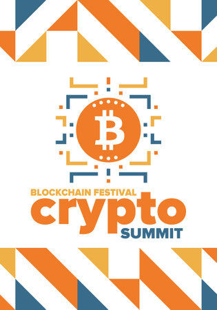 Crypto Summit. Blockchain Festival. Digital money and smart online technology. Finance, banking and business illustration. Cryptocurrency mining. Bitcoin logo. Flat design. Vectorのイラスト素材
