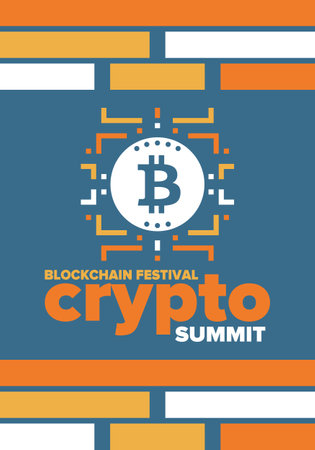 Crypto Summit. Blockchain Festival. Digital money and smart online technology. Finance, banking and business illustration. Cryptocurrency mining. Bitcoin logo. Flat design. Vectorのイラスト素材
