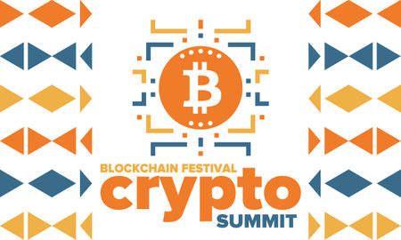 Crypto Summit. Blockchain Festival. Digital money and smart online technology. Finance, banking and business illustration. Cryptocurrency mining. Bitcoin logo. Flat design. Vectorのイラスト素材