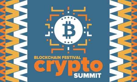 Crypto Summit. Blockchain Festival. Digital money and smart online technology. Finance, banking and business illustration. Cryptocurrency mining. Bitcoin logo. Flat design. Vectorのイラスト素材