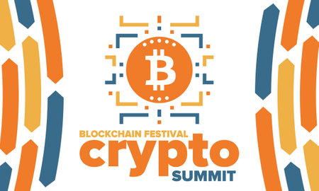 Crypto Summit. Blockchain Festival. Digital money and smart online technology. Finance, banking and business illustration. Cryptocurrency mining. Bitcoin logo. Flat design. Vectorのイラスト素材