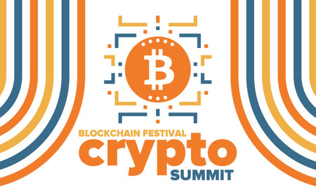 Crypto Summit. Blockchain Festival. Digital money and smart online technology. Finance, banking and business illustration. Cryptocurrency mining. Bitcoin logo. Flat design. Vectorのイラスト素材
