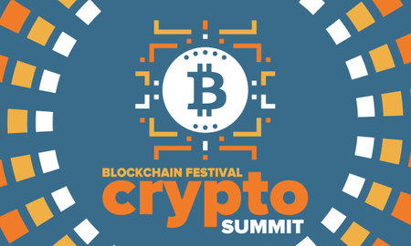 Crypto Summit. Blockchain Festival. Digital money and smart online technology. Finance, banking and business illustration. Cryptocurrency mining. Bitcoin logo. Flat design. Vectorのイラスト素材